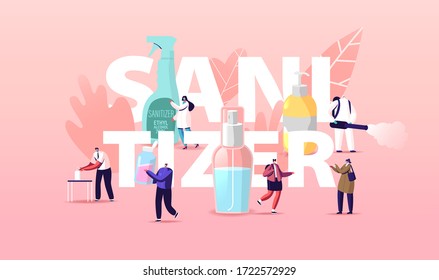 Concepto de sanitizer. Pequeños personajes lavan las manos con jabón antibacteriano, llevan máscaras. Trabajador con desinfectante de fumigación. Afiche Cartel de las medidas de prevención. Ilustración de vectores de caricatura