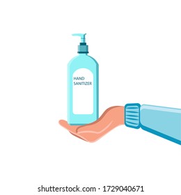 Sanitizer. Disinfectant. Hand hygiene during a pandemic. Hand gel, spray, vector illustration. Hand wrap in public places. For infographics, banners, campaigns poses