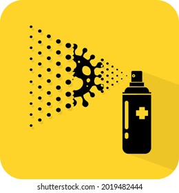 Sanitizer disinfectant virus illustration. Vital disintegrate spray. Breaking down to particles. Germ destroy liquid. Alcohol destroying viruses. Black and yellow color vector sign. Poster icon.