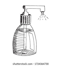 Sanitizer with dispenser for disinfection hands and objects. Liquid soap for washing hands. Vector hand drawn sketch illustration in realistic outline style. MEdical equipment for hygiene, antiseptic
