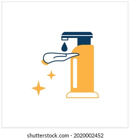 Icono plano del dispensador de Sanitizer. Pictograma lineal dispensador de solución antibacteriana o jabón líquido. Concepto de higiene, seguridad sanitaria y prevención del virus de la corona.Ilustración de vectores