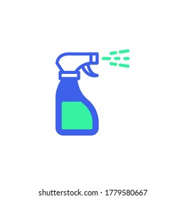 Vector de ícono del dispensador de sanitizer, señal plana rellena, pictograma bicolor, Color verde del frasco de pulverización antibacteriano y azul. Símbolo, ilustración de logotipo