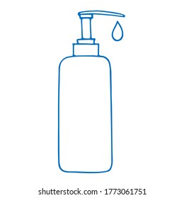 Dispensador de sanitizer. Línea vectorial de jabón líquido. Prevención del virus de Corona. Frasco dibujado a mano con antiséptico aislado sobre fondo blanco. Lavado y desinfección. 