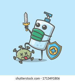 Sanitizer Fight Corona Virus Vector Icon Illustration. Corona Mascot Cartoon Character. People Icon Concept White Isolated. Flat Cartoon Style Suitable for Web Landing Page, Banner, Flyer, Sticker