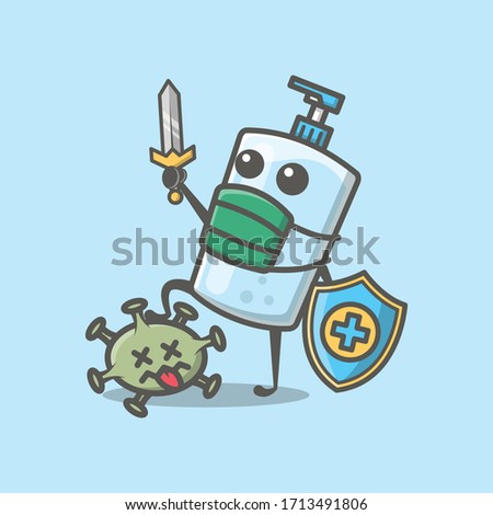 Sanitizer Fight Corona Virus Vector Icon Illustration. Corona Mascot Cartoon Character. People Icon Concept White Isolated. Flat Cartoon Style Suitable for Web Landing Page, Banner, Flyer, Sticker
