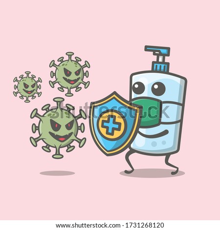Sanitizer Fight Corona Virus Vector Icon Illustration. Corona Mascot Cartoon Character. People Icon Concept White Isolated. Flat Cartoon Style Suitable for Web Landing Page, Flyer, Sticker, Card