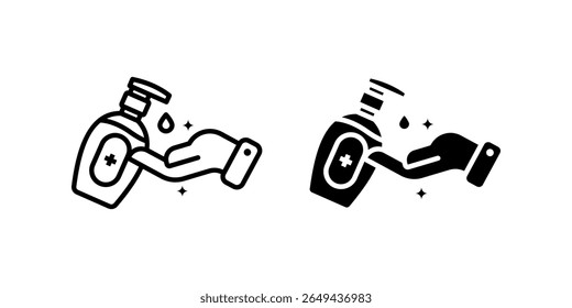 Sanitizer icon set. A minimalist outline icon illustration of a hand receiving sanitizer from a dispenser bottle, symbolizing hygiene and cleanliness.