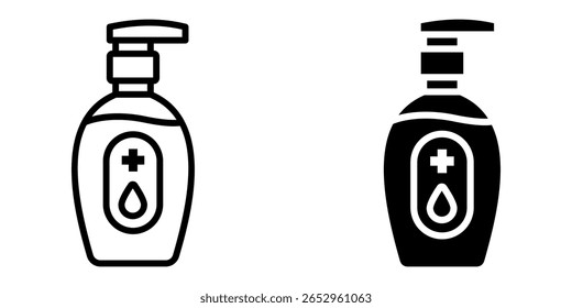 Sanitizer icon set. A set of simple outline icons showing a hand sanitizer bottle with pump dispenser. The icons represent hygiene, cleanliness, and protection against germs and viruses.