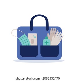 Sanitizer kit icon flat style. Disinfectant, medical face mask, gloves and wipes in bag. New normal lifestyle covid-19 concept. Vector illustration