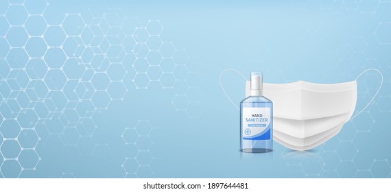 Sanitizer and medical mask background. Coronavirus protect horizontal backdrop, covid-19 and flu viruses protection, stop bacteria, nose textile filter and antibacterial barrier vector isolated poster