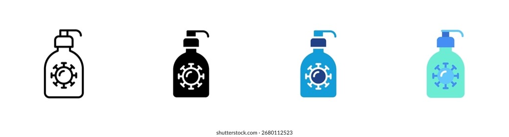 Sanitizer Multiple Style Icon Sheet Design Vector - Hand sanitizer bottle with virus symbol for hygiene, disinfection, and health protection