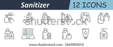 Sanitizer set icon. Hand cleaning, pump bottle, spray liquid, hygienic solution, online sale, natural extract, certified product, soap usage, dispenser display, and antibacterial care.