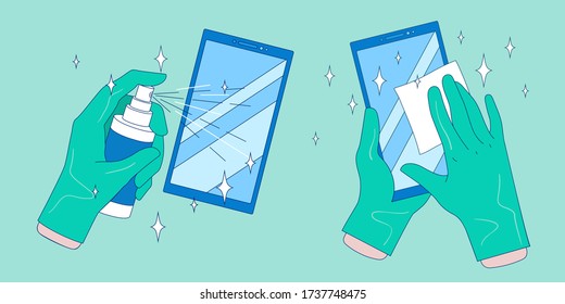 Sanitizer smartphone, smartphone disinfection. Wiping phone with napkins or antibacterial spray by hands in gloves. Coronavirus outbreak hygiene