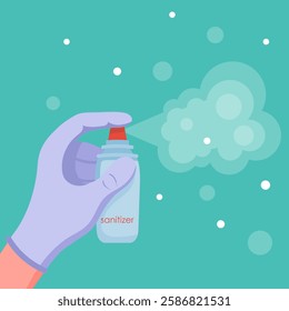 Sanitizer spray. Hand in glove holding disinfectant bottle, spraying antiseptic mist. Hygiene, protection, sterilization, cleanliness, infection control, health safety, antibacterial solution.