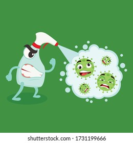 Sanitizer spray killed corona. Virus being killed by spray, disinfectant solution. Spray to cleaning and disinfection virus, covid-19, coronavirus disease, preventive measures.