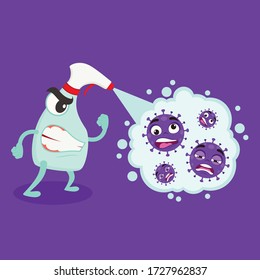 Sanitizer spray killed coronavirus. Virus being killed by spray, disinfectant solution. Spray to cleaning and disinfection virus, covid-19, coronavirus disease, preventive measures.