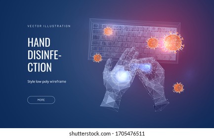 Sanitisierer sprüht sich in die Hände. Low-Poly-Wireframe-Stil. Sauberes Konzept für den Arbeitsplatz und die Hände. Polygonale Abstrakte einzeln auf blauem Hintergrund. Vektorillustration