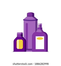 Sanitizador, tres tipos de antisépticos de mano o sanitarios. Ilustración plana de los sanitizadores sobre fondo blanco.