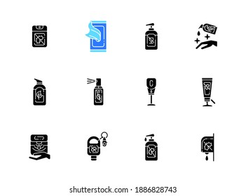 Sanitizer types black glyph icons set on white space. Disinfectant spray. Antibacterial pocket gel. Automatic wall dispenser for liquid soap. Silhouette symbols. Vector isolated illustration