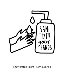 sanitizer your hands lettering campaign in bottle hand made line style vector illustration design