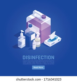 Sanitizing isometric background with editable text read more button and images of antibacterial products medical appliances vector illustration