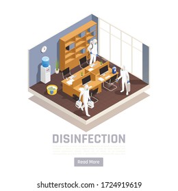 Sanitizing isometric background with editable text read more button and view of disinfectors team in office vector illustration