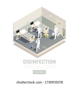 Sanitizing Isometric Background With Indoor View Of Hospital Room With Team Of Disinfectors Cleaning Up Space Vector Illustration