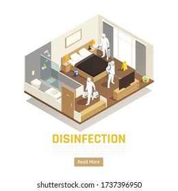 Sanitizing isometric background with read more button text and images of disinfection team cleaning up room vector illustration