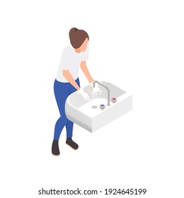 Sanitizing isometric composition with female character washing her hands in sink vector illustration