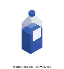 Sanitizing isometric composition with isolated image of transparent bottle with blue liquid agent vector illustration