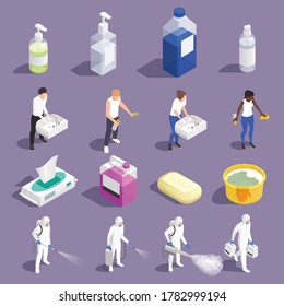 Sanitizing isometric set with icons of medical appliances and characters of disinfectors with people washing hands vector illustration