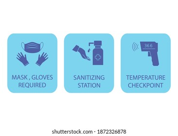 Sanitizing station. Temperature checkpoint. Mask, gloves and temperature scanning are required. Coronavirus rules. It could be used in the Train Station, Airport or other public places. Vector