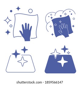 Sanitizing surfaces. Cleaning napkin. Cleaning surface or disinfection surface. Easy disinfection of objects or premises. Blue color icons. Sanitation and hygiene sign. Napkin with soap bubbles