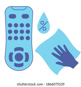 Anitización del mando a distancia de la televisión. Control remoto de limpieza, icono del vector azul de color. Desinfección de un dispositivo que haga clic en TV utilizando una servilleta antibacteriana. Evitar el concepto de propagación de virus. Limpieza antibacteriana. Vector aislado