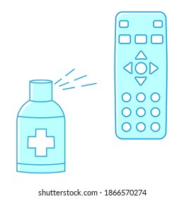Sanitizing of TV remote. Remote disinfection. Disinfection of TV clicker using medical sanitizer. Sanitizing home items of daily use. Preventing virus spread concept. Antibacterial spray. Vector