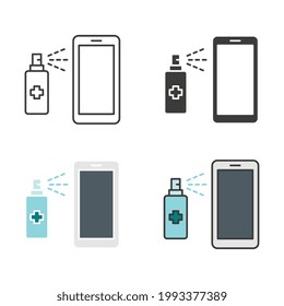 Sanitizar tu teléfono para higiene. Rociando antiséptico para desinfectar smartphone. Iconos planos de sanitizer para desinfectar el teléfono móvil. Ilustración vectorial. Diseño en fondo blanco.EPS10