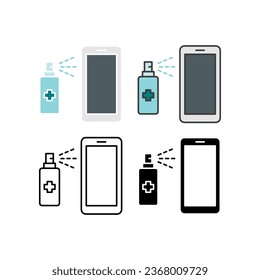 Hygienemaßnahmen auf dem Handy. Spritzen von Antiseptika für die Desinfektion Smartphone. Flache Umrisssymbole von Sanitizer für die Desinfektion Handy. Vektorgrafik. Design auf weißem Hintergrund.EPS10