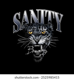 sanity slogan with black leopard head graphic vector illustration on black background