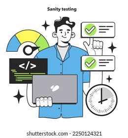 Sanity testing technique. Software testing methodology. IT specialist searching for bugs in code. Website and application development. Flat vector illustration