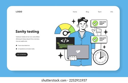 Sanity testing technique web banner or landing page. Software testing methodology. IT specialist searching for bugs in code. Website and application development. Flat vector illustration