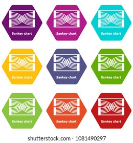 Sankey chart icons 9 set coloful isolated on white for web