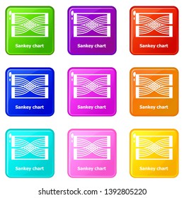 Sankey chart icons set 9 color collection isolated on white for any design