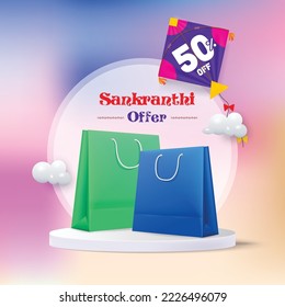 sankranthi offer banner with shopping bags on a product podium with kite offer unit.