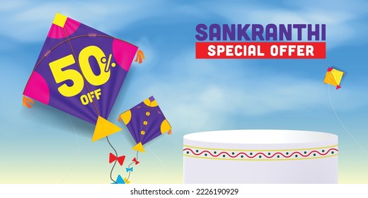 Sankranti special offer on kite product podium. sankranti kites flying in the sky