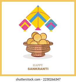 Sankranti-Süßigkeiten und Drachen-Kartendesign-Vektorgrafik
