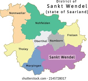 Sankt Wendel district map of Saarland state in Germany. Vectored. Colors shamrock, concrete, polo blue, drover, orchid, silver, caramel