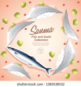 Sanma Sushi : Fish and sushi set : Vector Illustration