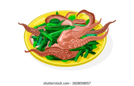 Sannakji is on yellow plate. Raw dish made with long arm octopus, sesame seeds, oil, vegetables, greenery. Korean delicacy. Vector isolated on white for recipe, menu, cookbook, asian food theme design