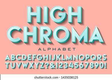 A sans serif capitals and numerals alphabet; this font has high chroma values of teal, with a salmon pink background.