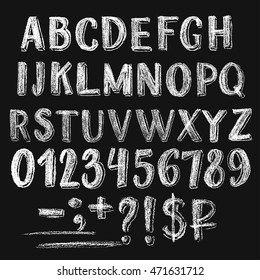 Sans serif chalk roman alphabet with only caps letters. Numbers, several signs and money symbols. Textured white characters on dark background.